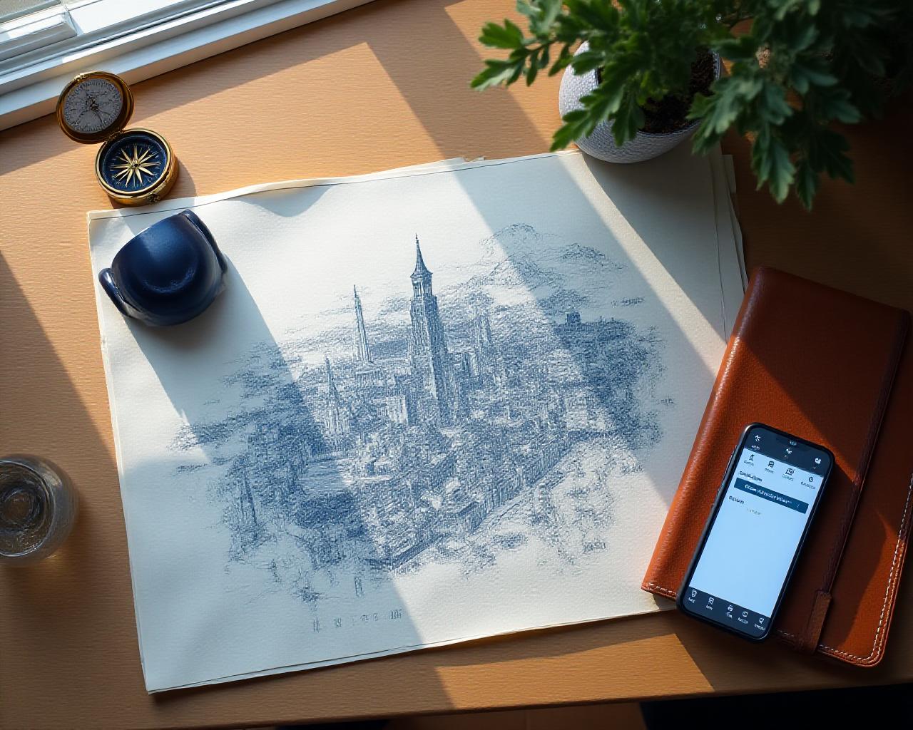 A detailed architectural blueprint spread across a wooden table with travel guides and a compass