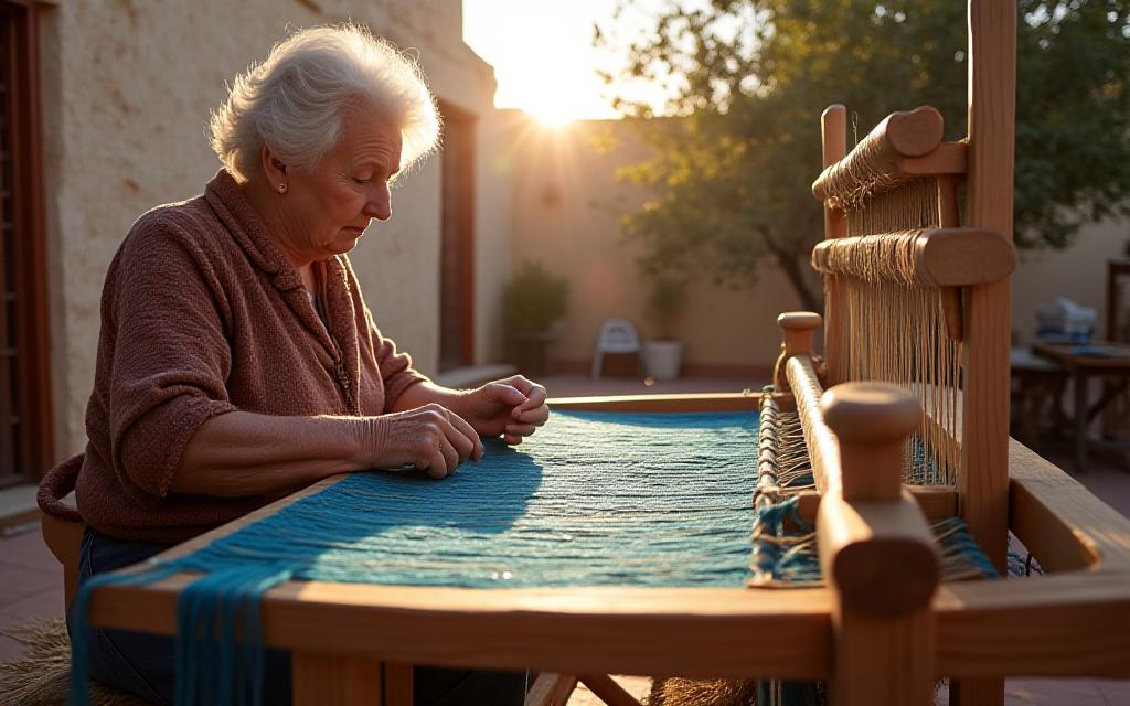 Local artisans weaving traditional textiles in a sunlit courtyard