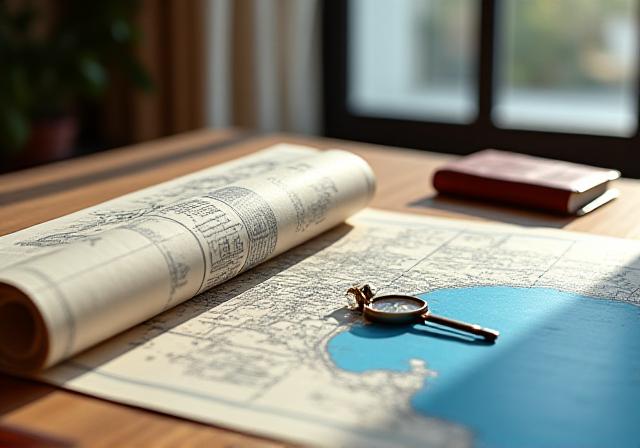 A designer desk with architectural blueprints and travel maps