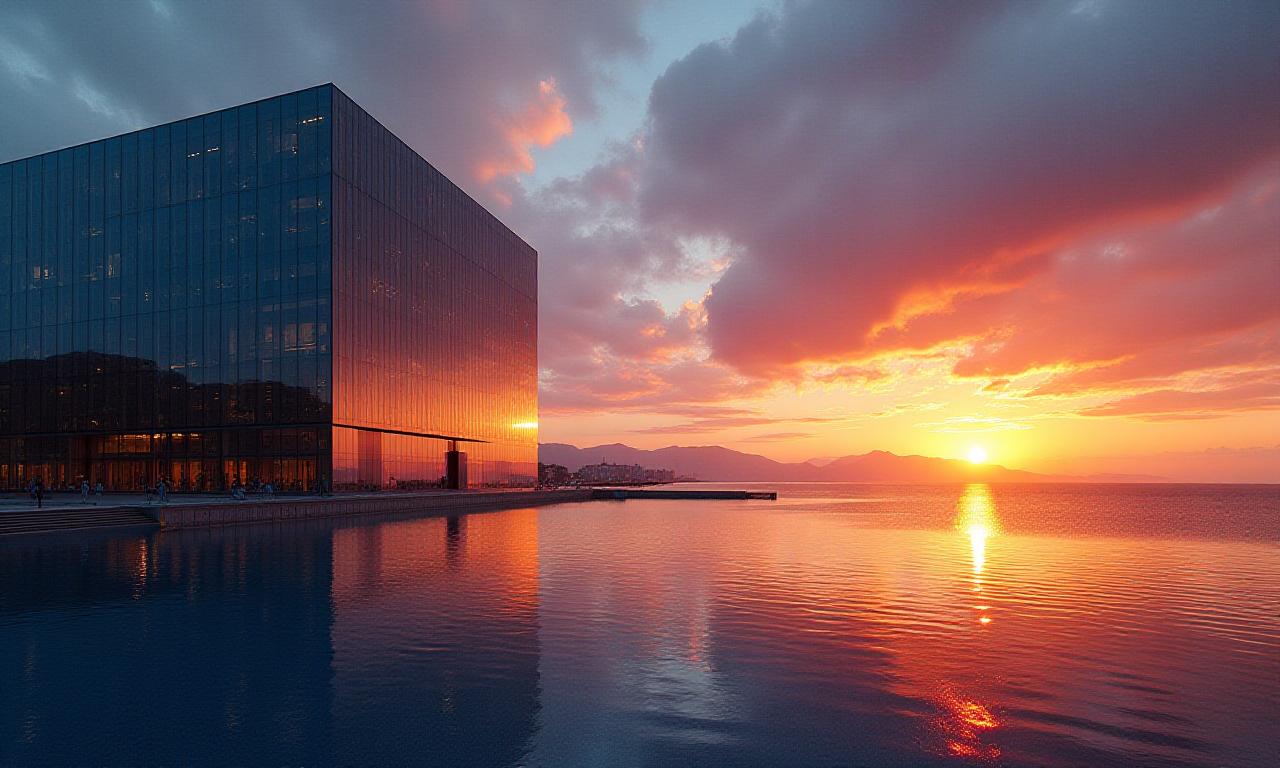 Modern minimalist glass structure reflecting a setting sun
