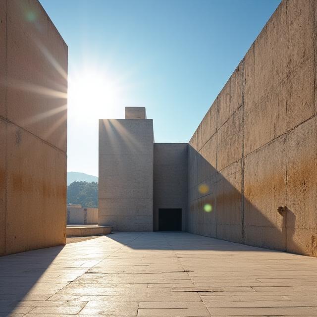 Modern brutalist library rising from an ancient stone plaza